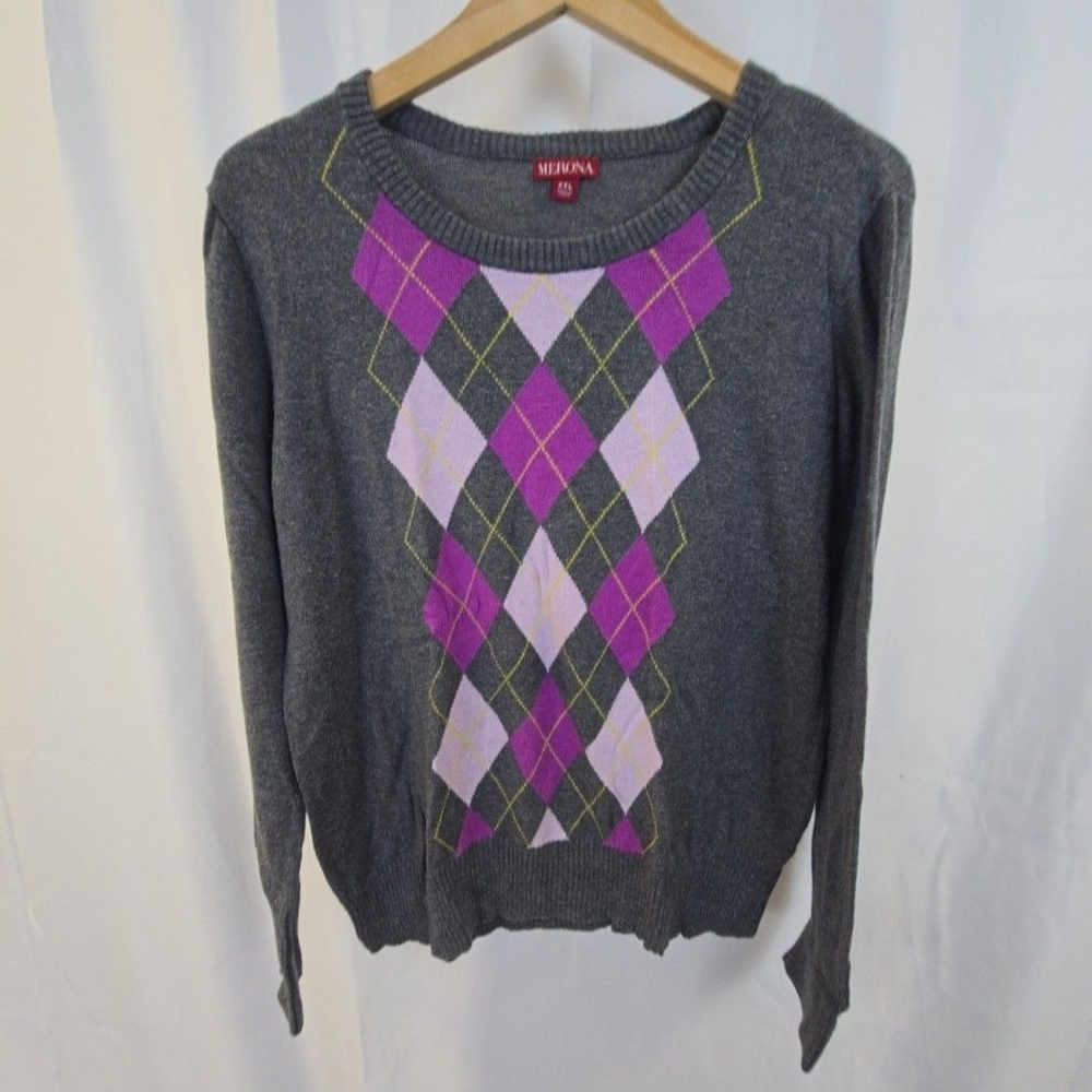 Merona Sweater Womens 2XL Gray Argyle Crew Neck Long Sleeve Knit Pullover